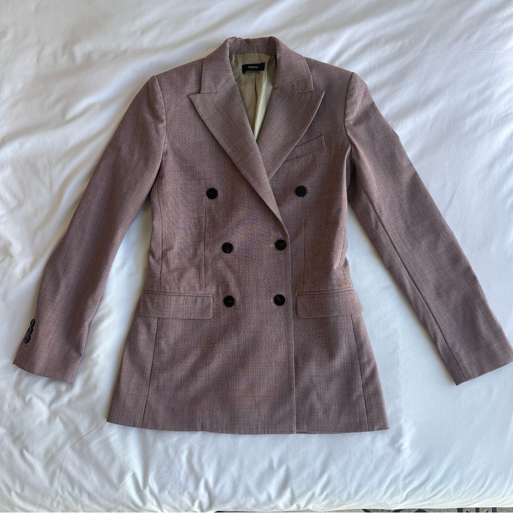 Theory Double-Breasted Houndstooth Blazer Red & Cream size 2 like new - Picture 4 of 9